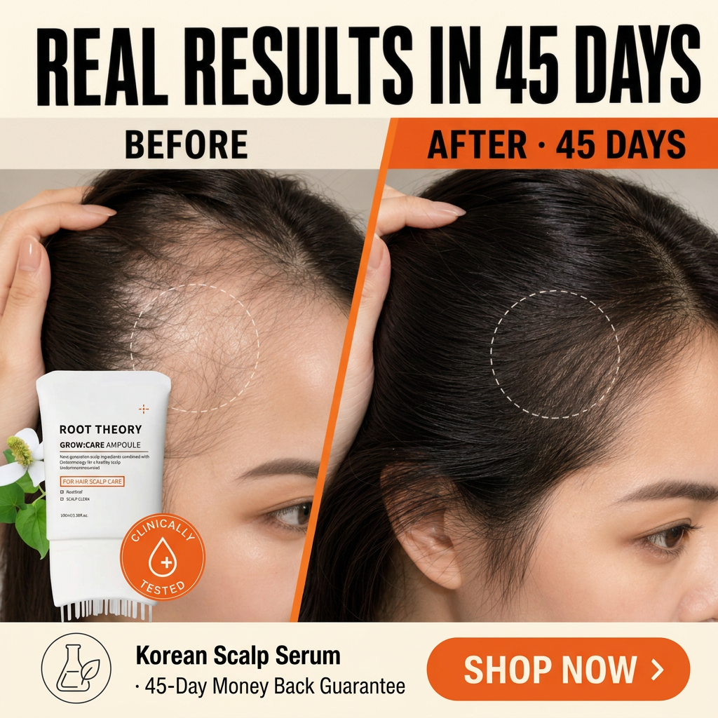 Before and after Root Theory Korean scalp serum — thinning hair transformed to thick regrowth in 45 days